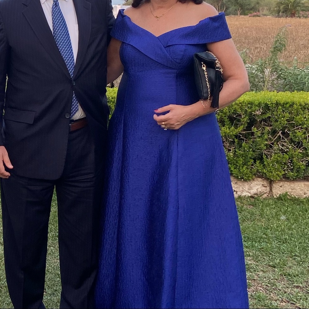 Teri Jon Royal Blue Off-Shoulder Wedding Dress